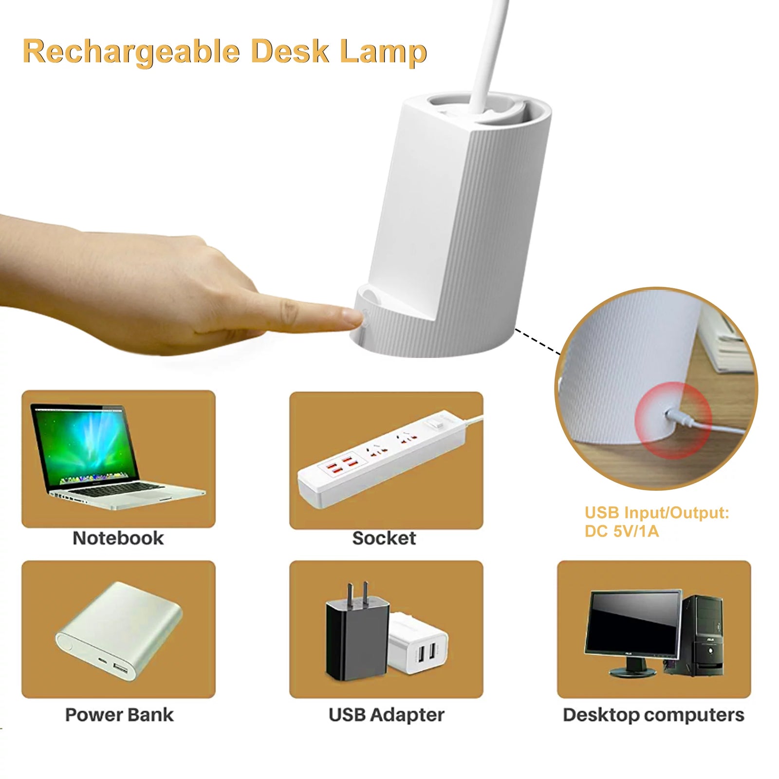 Small Desk Lamp with USB Port Rechargeable LED Desk Light with 3 Modes Dimmable