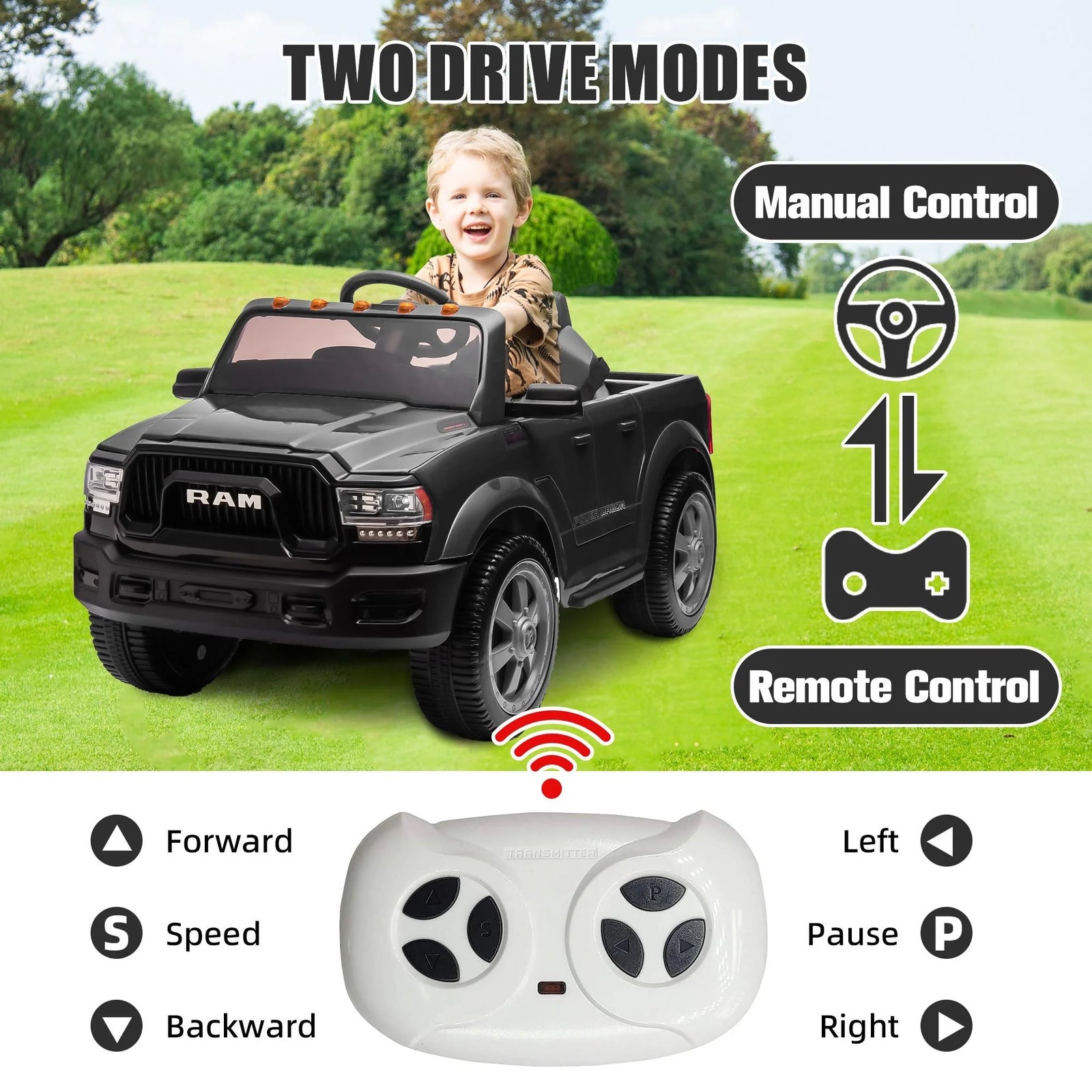 Dodge RAM Ride on Car, 12V Powered Ride on Toy with Remote Control, Rear Wheel Suspension, 5 Point Safety Belt, MP3 Player, Bluetooth, LED Lights, Electric Vehicles for 3-8 Years Boys Girls, Red