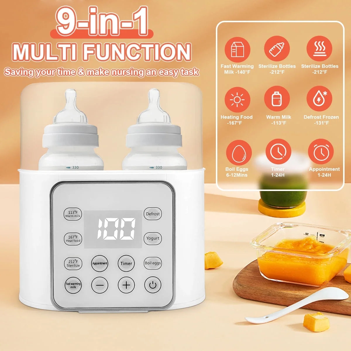 Baby , 9 in 1 Double Bottles Milk Warmer for Baby, Fast Food Heater & Defrost Warmer with Timer, LCD Display, Timer & 24H Temperature Control for Breastmilk & Formula