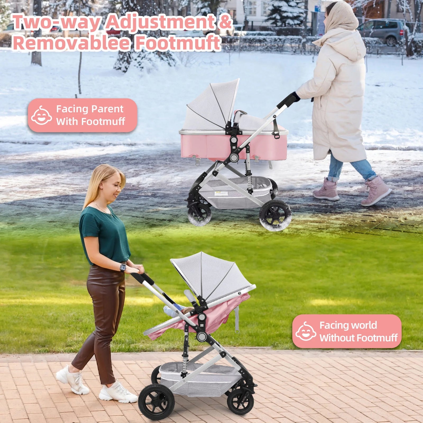 Baby Stroller, Foldable Baby Stroller Reversible Bassinet, Travel Stroller for Newborn Baby, Pink