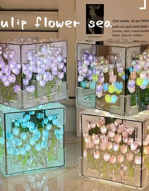 Load image into Gallery viewer, DIY Tulip Mirror Cube Lamp Simulation Flower Bedroom Sleeping Table Lamp Handmade Craft Tulips Mirror Night Light Birthday Gift
