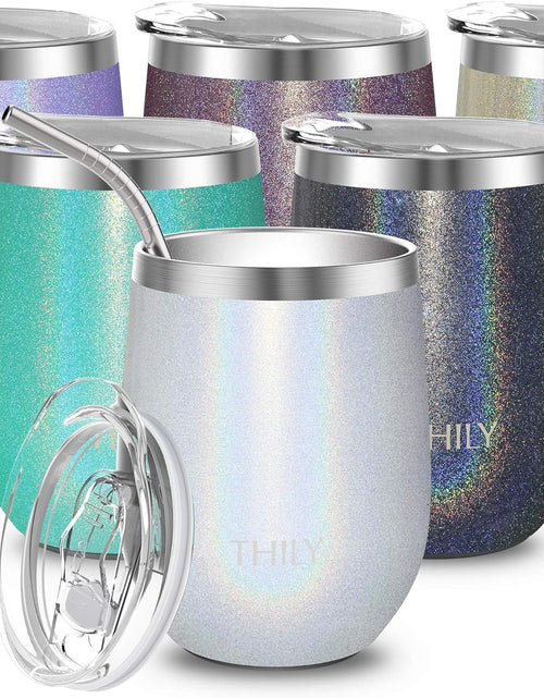 Load image into Gallery viewer, Vacuum Insulated Travel Wine Tumbler Stainless Steel 12 Oz Stemless Wine Glass with Sliding Lid, Reusable Straw, Keep Cold for Cocktail, Beer, Christmas Gifts, Glitter White
