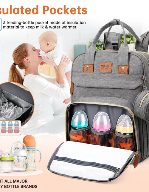 Load image into Gallery viewer, Diaper Bag Backpack, Multifunction Baby Bag with Changing Station, Large Capacity Diaper Bags W/ Foldable Crib &amp; Insulated Pocket, Portable Waterproof Backpack, USB Charging Port&amp;Stroller Straps(Gray)
