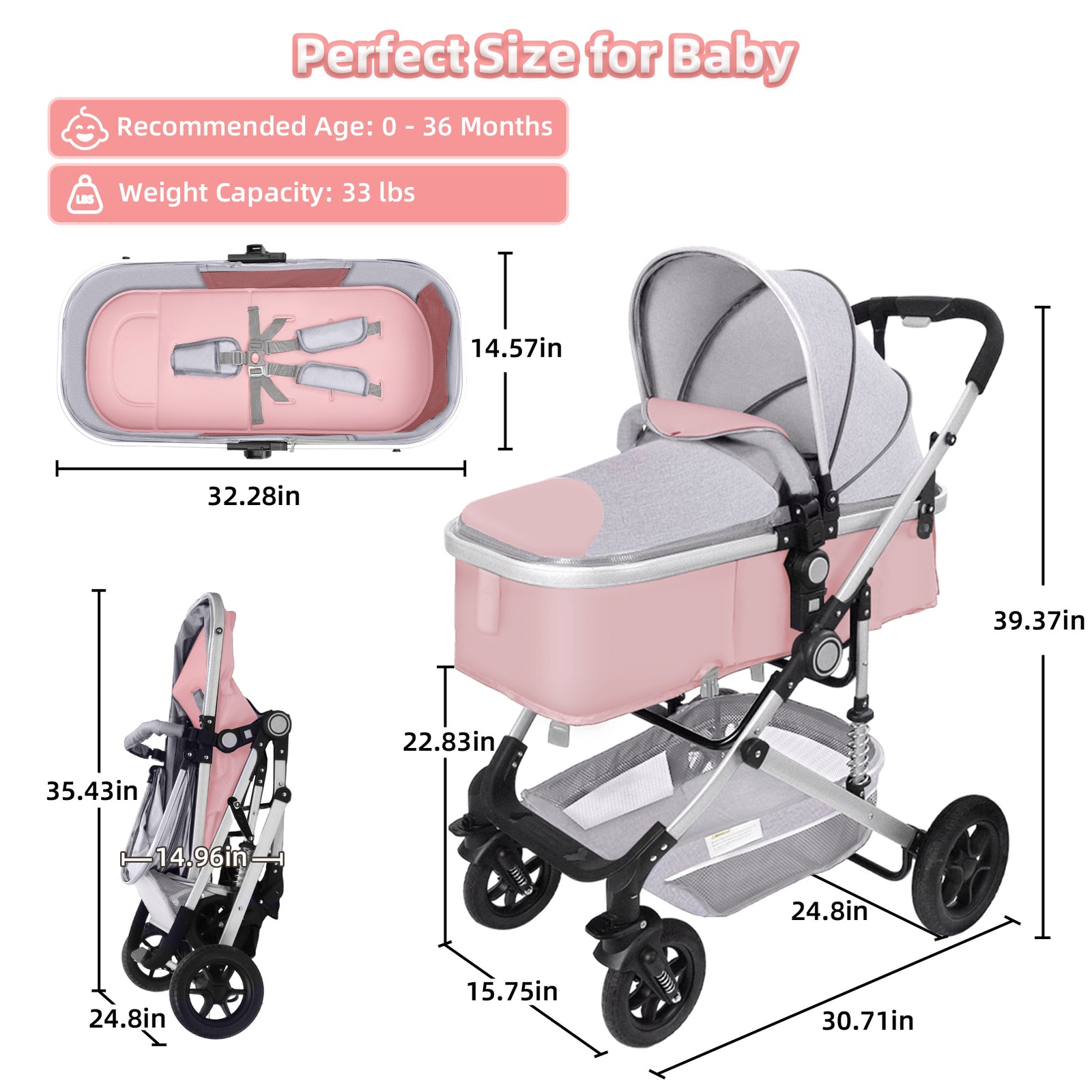 Baby Stroller, Foldable Baby Stroller Reversible Bassinet, Travel Stroller for Newborn Baby, Pink