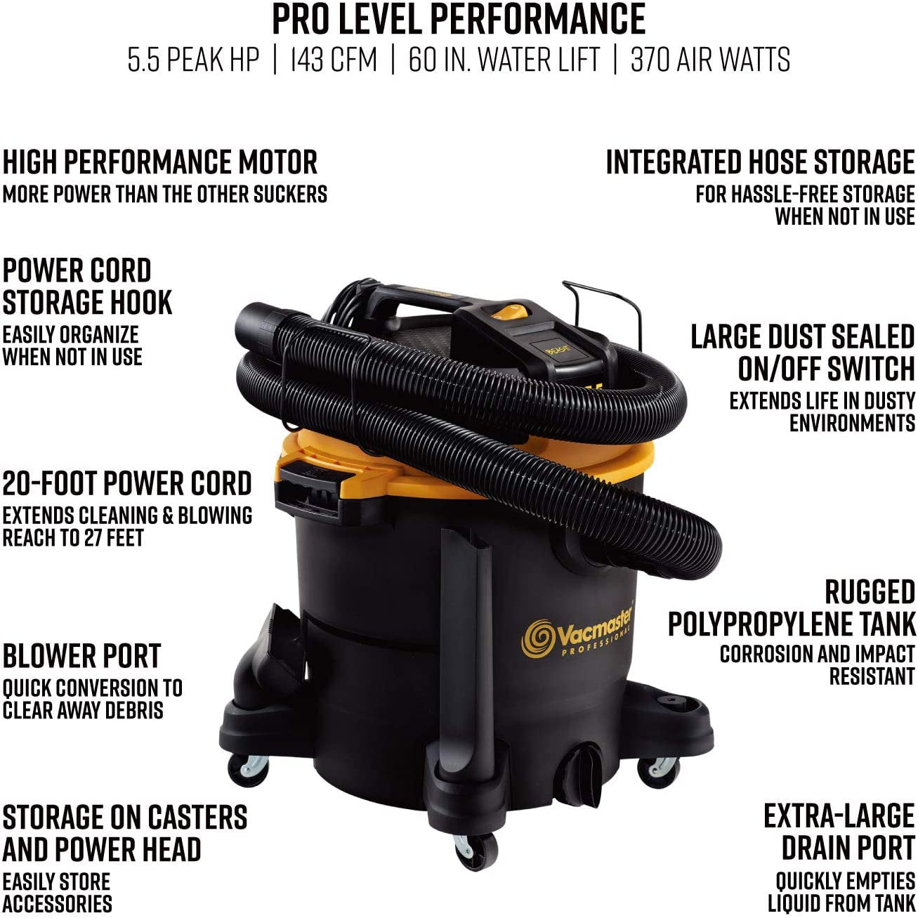 Professional - Professional Wet/Dry Vac, 12 Gallon, Beast Series, 5.5 HP 2-1/2" Hose (VJH1211PF0201) , Black