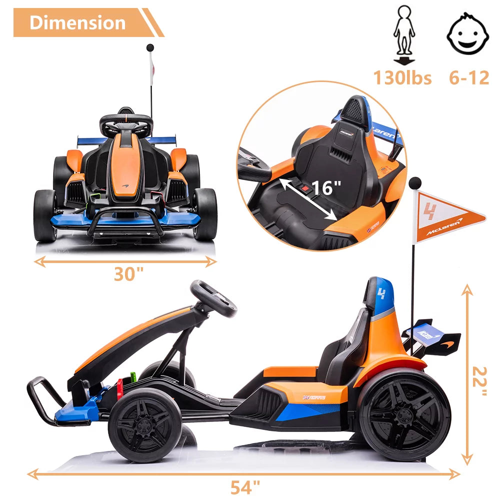 Licensed Mclaren Kids Go Kart, 24V Battery Powered Ride on Car Toy with Bluetooth Function, Safety Belt, LED Lights, Two-Mode Electric Go Cart, Drift Racer Car for Boys Girls