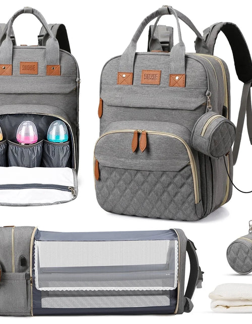 Load image into Gallery viewer, Diaper Bag Backpack, Multifunction Baby Bag with Changing Station, Large Capacity Diaper Bags W/ Foldable Crib &amp; Insulated Pocket, Portable Waterproof Backpack, USB Charging Port&amp;Stroller Straps(Gray)
