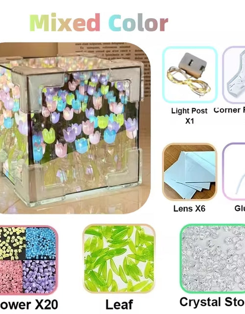 Load image into Gallery viewer, DIY Tulip Mirror Cube Lamp Simulation Flower Bedroom Sleeping Table Lamp Handmade Craft Tulips Mirror Night Light Birthday Gift
