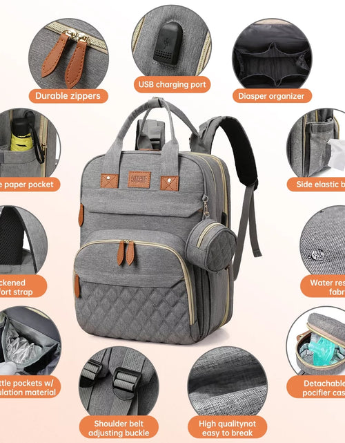 Load image into Gallery viewer, Diaper Bag Backpack, Multifunction Baby Bag with Changing Station, Large Capacity Diaper Bags W/ Foldable Crib &amp; Insulated Pocket, Portable Waterproof Backpack, USB Charging Port&amp;Stroller Straps(Gray)
