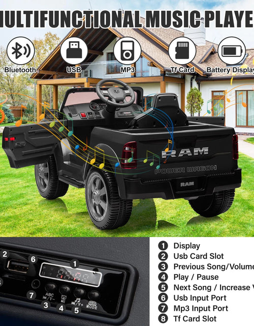 Load image into Gallery viewer, Dodge RAM Ride on Car, 12V Powered Ride on Toy with Remote Control, Rear Wheel Suspension, 5 Point Safety Belt, MP3 Player, Bluetooth, LED Lights, Electric Vehicles for 3-8 Years Boys Girls, Red
