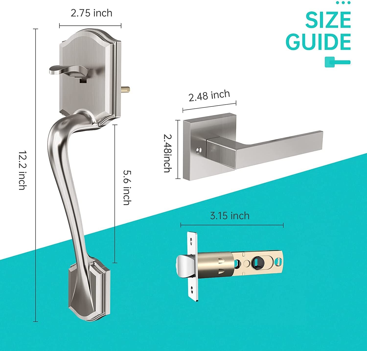 Front Door Handle, Single Cylinder Lower Exterior Door Handle Set with Interior Lever Reversible for Right and Left Handed Doors, Entry Door Lock Handleset, Satin Nickel Silver